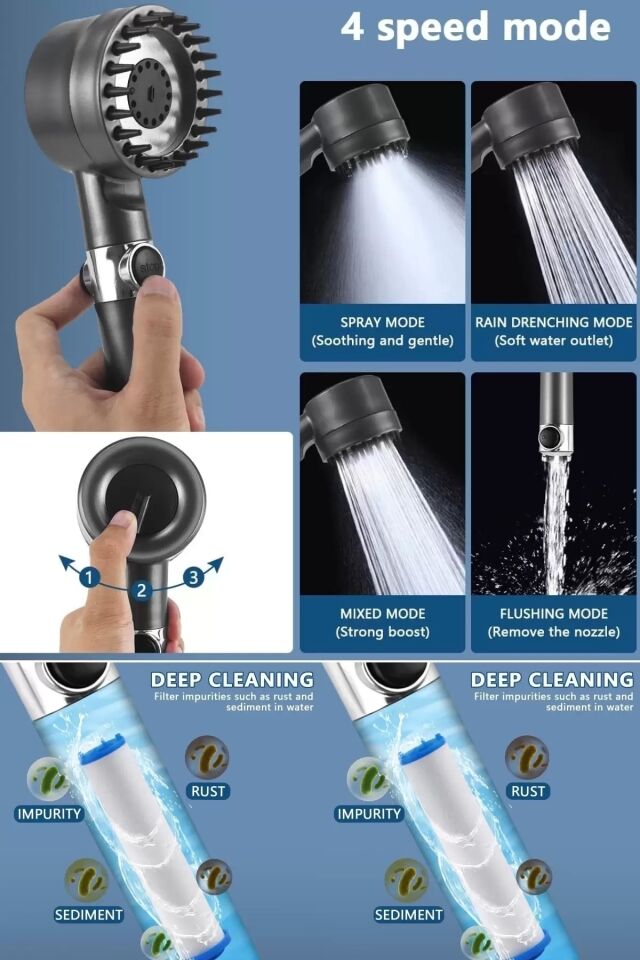 Masajlı Çok Fonksiyonlu Duş Başlığı Ayarlanabilir Filtreli Arıtmalı Krom Duş Başlığı El Duşu Yeni