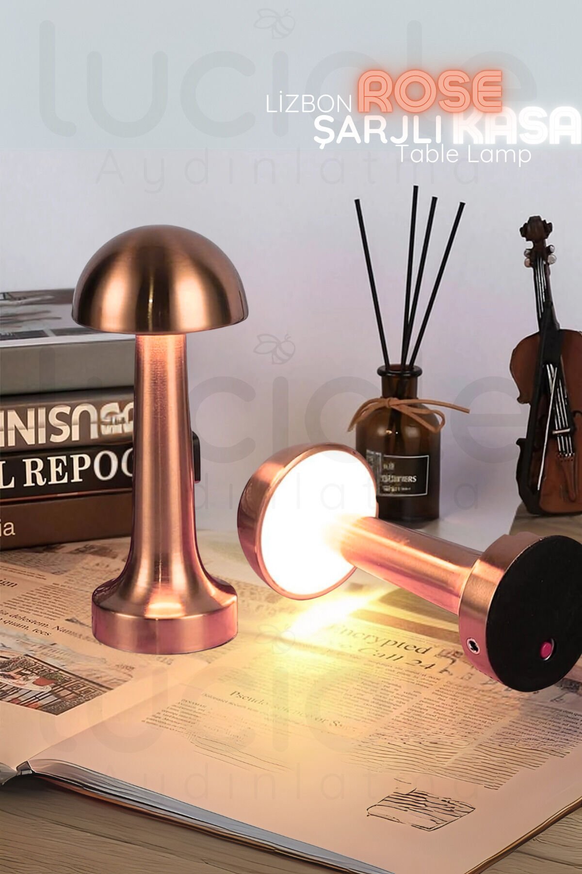 Şarj Edilebilir Bronz Renk Ayarlanılabilir Işıklı Mantar Masa Lambası