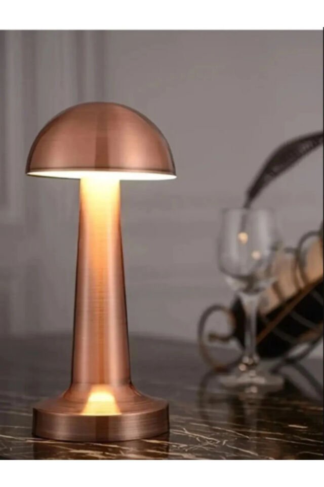 Mantar Model Retro Masa Lambası Rosegold Bakır Dimmerli Şarjlı Dekoratif Dokunmatik Masa Lambası