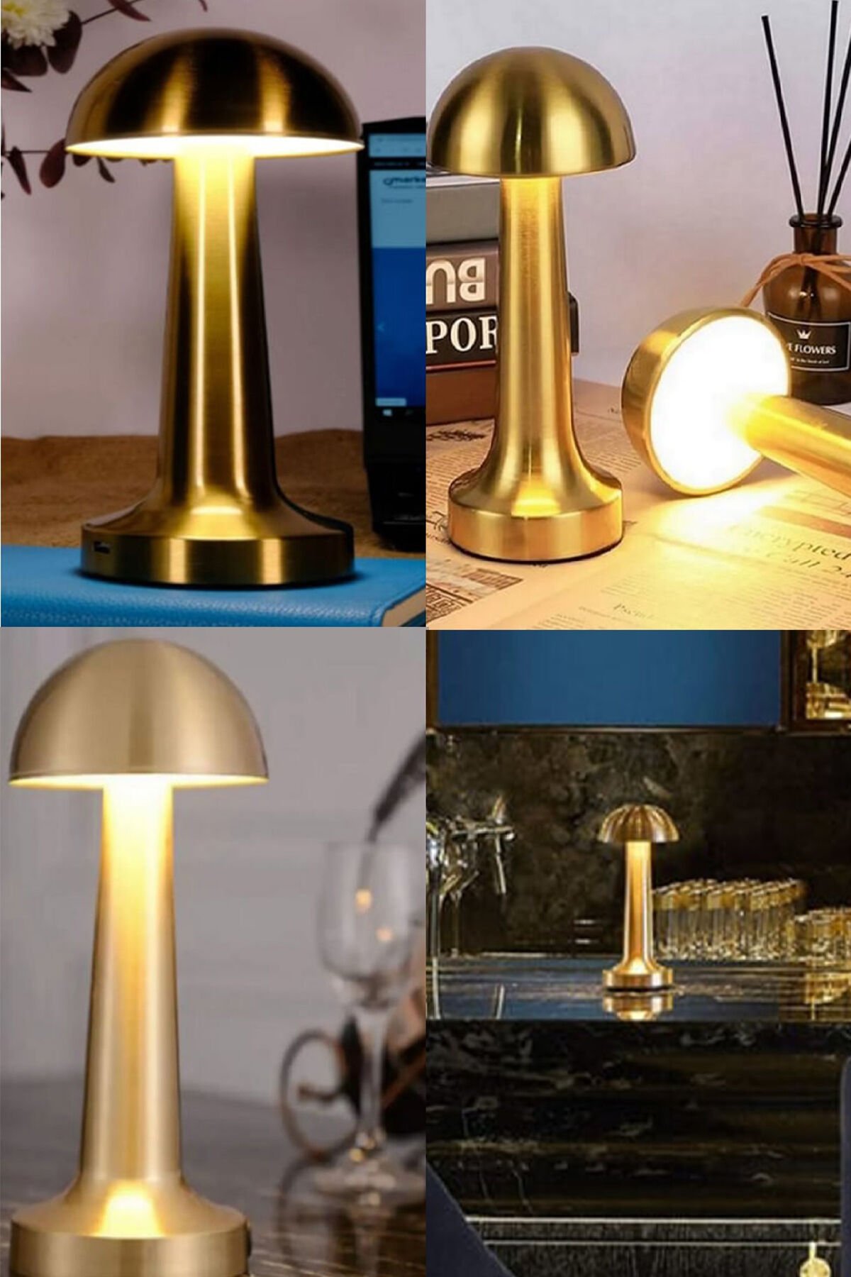 3 Işık Renkli Şarjlı Masa Lambası Gold Kasa Yemek Masası Kafe Dekoratif Mantar Şekilli Masa Lambası