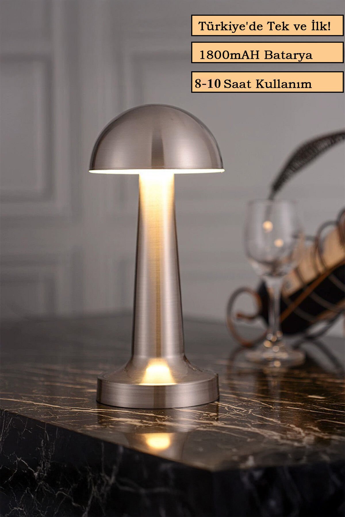 Mantar Model Retro Masa Lambası Mat Gümüş Dimmerli Şarjlı Dekoratif Dokunmatik