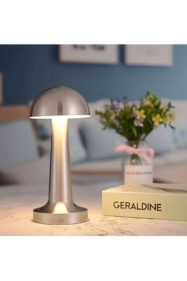Şarjlı Dokunmatik Led Masa Lambası, Ayarlanabilir Renk Tonu, Okuma Işığı Mantar Gece Lambası KROM