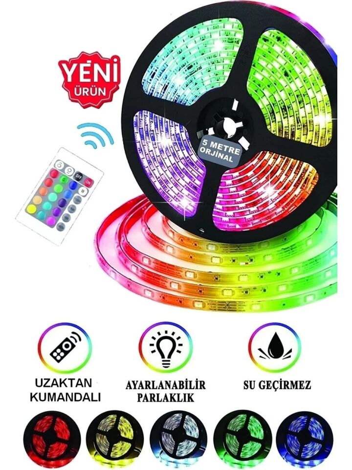 Şerit LED Işık Rgb 5 Metre Hazır Set Tak Çalıştır Kumandalı Adaptörlü Silikonlu