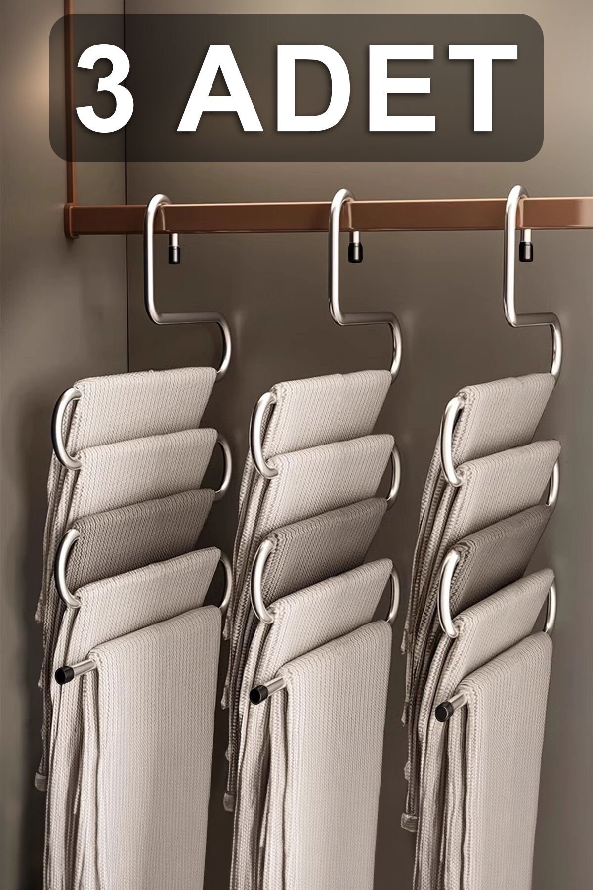 3 Adet 5 Katlı Metal Pantolon ve Şal Askısı Dolap İçi Eşarp Askısı Çoklu Askılık