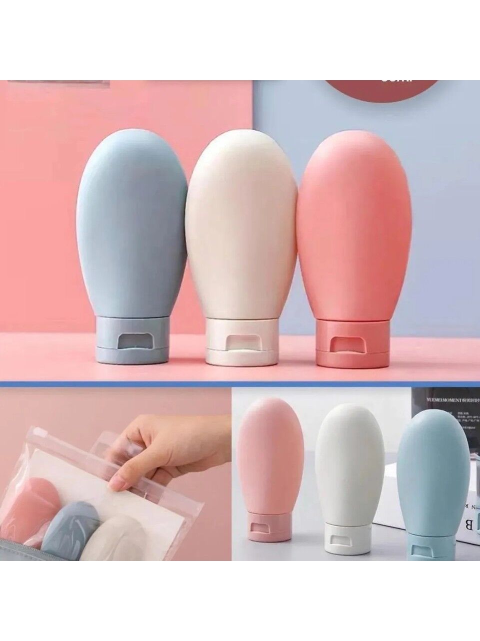 3'lü Doldurulabilir Çantalı Seyahat Tipi Şişe Seti Boş Krem Şişesi 60 ml