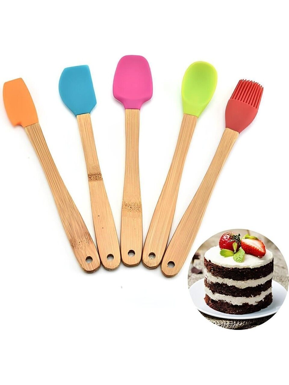 5'li Renkli Bambu Saplı Silikon Uçlu Spatula Fırçalı Kaşık Seti