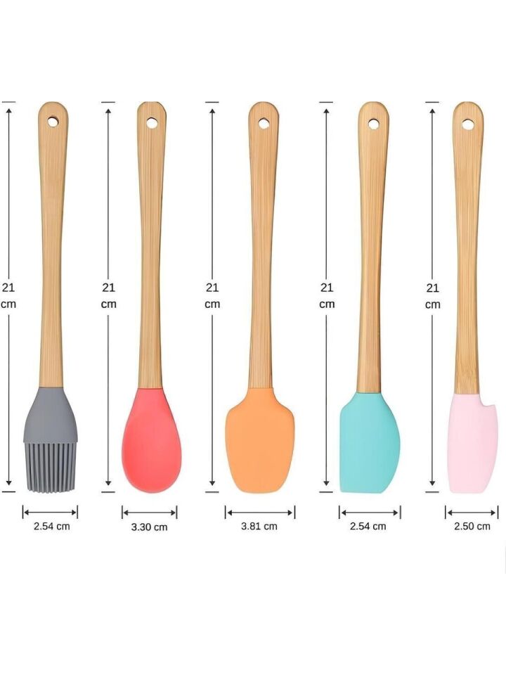5'li Renkli Bambu Saplı Silikon Uçlu Spatula Fırçalı Kaşık Seti