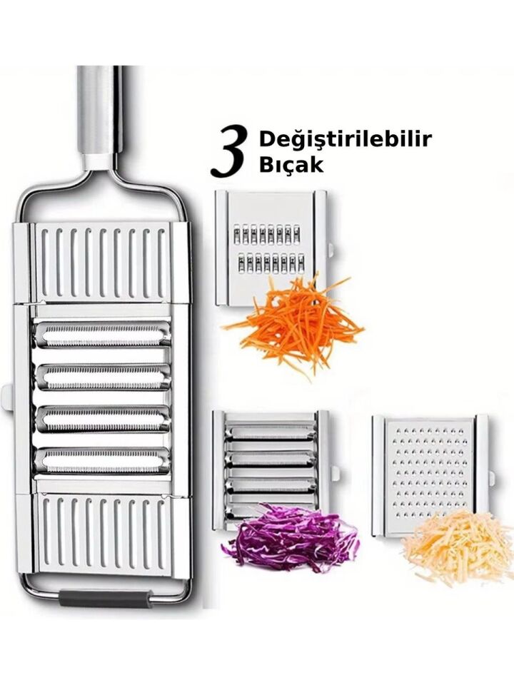 3 Başlıklı Paslanmaz Sebze Dilimleyici – Ergonomik Tutma Kolu & Kaydırmaz Taban