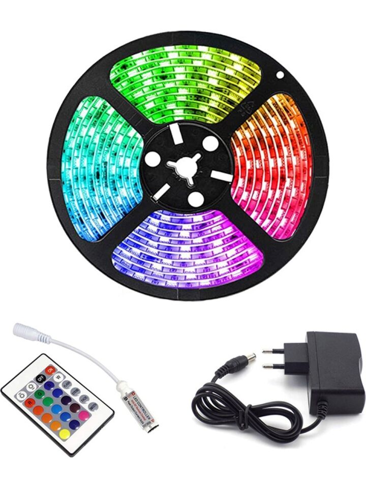 5 Metre Renkli Uzaktan Kumandalı Şerit LED Animasyonlu Adaptörlü 5 Metre Şerit LED