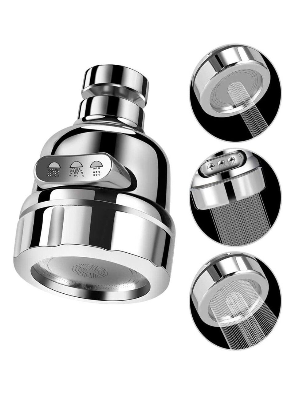 Krom 3 Fonksiyonlu Mutfak Lavabo Başlığı 360 Derece Döner Musluk Ucu Tasarruflu