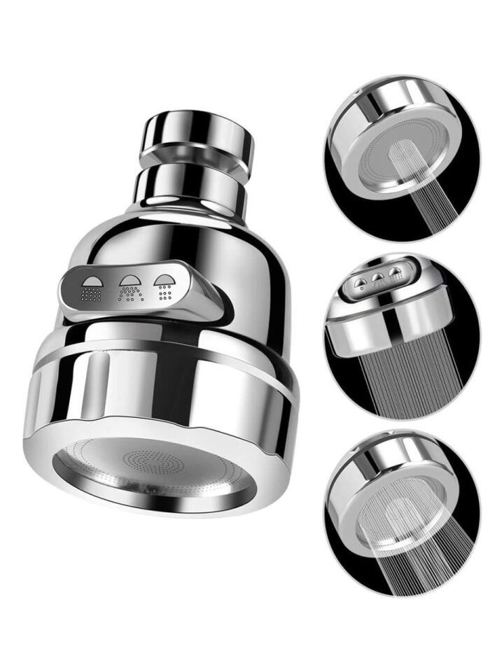 Krom 3 Fonksiyonlu Mutfak Lavabo Başlığı 360 Derece Döner Musluk Ucu Tasarruflu