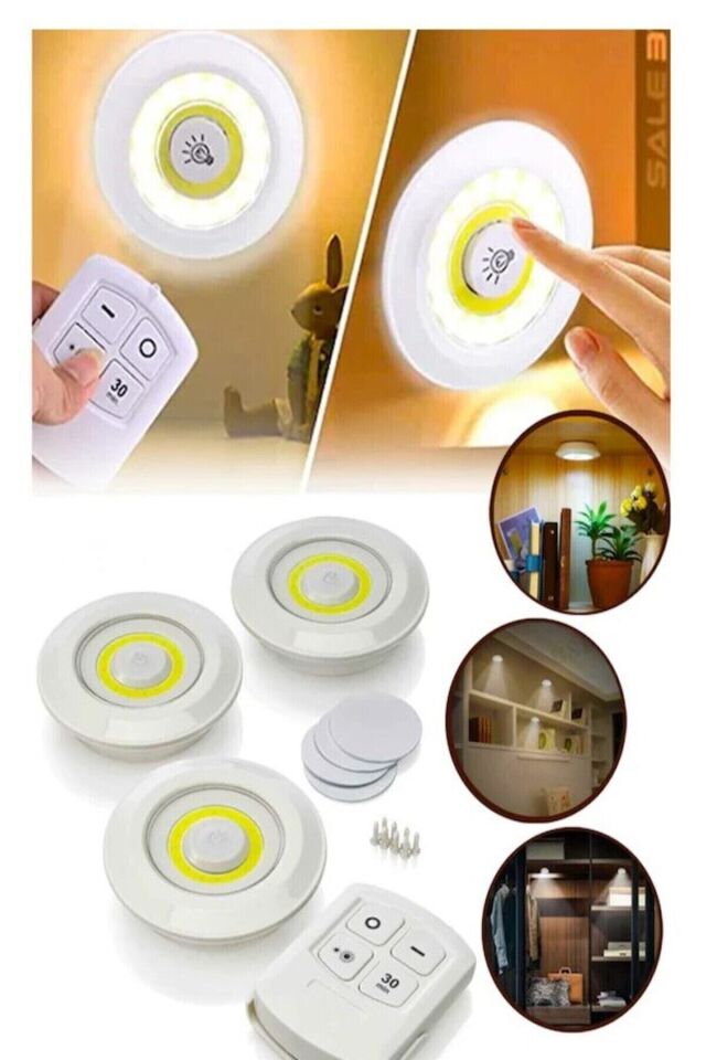 Uzaktan Kumandalı Yapışkanlı Kablosuz Pilli LED 3'lü Spot Lamba