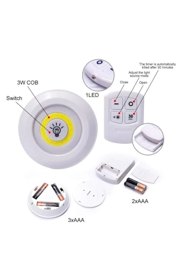 Uzaktan Kumandalı Yapışkanlı Kablosuz Pilli LED 3'lü Spot Lamba